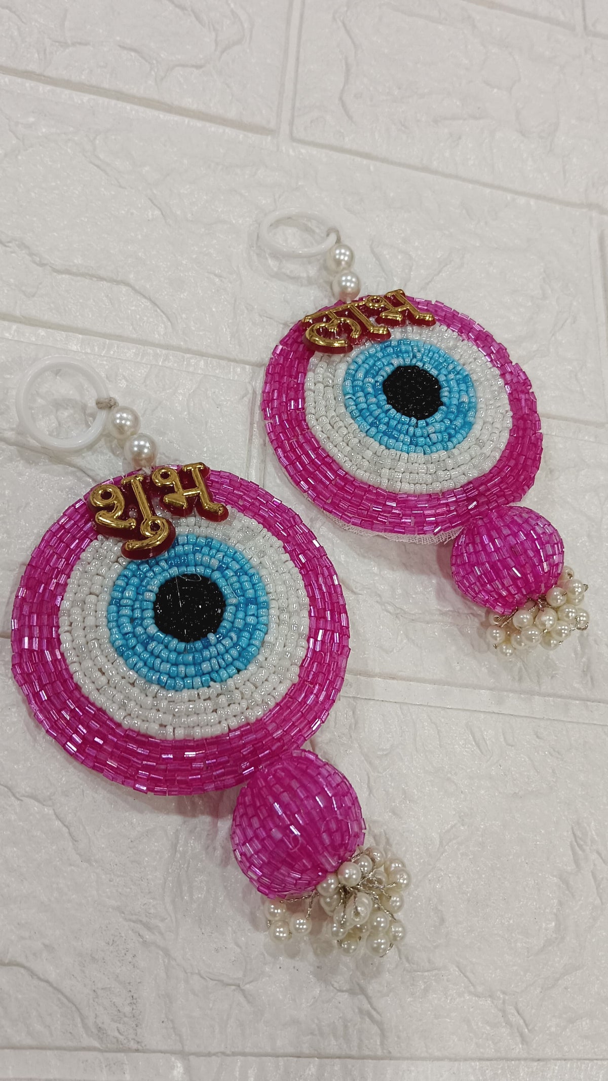 Nutts Handmade Evil Eye Hanging | Traditional Decorative Moti Chudi Florel Evil Eye Hanging for Main Door (Pack of 2 (Pink))