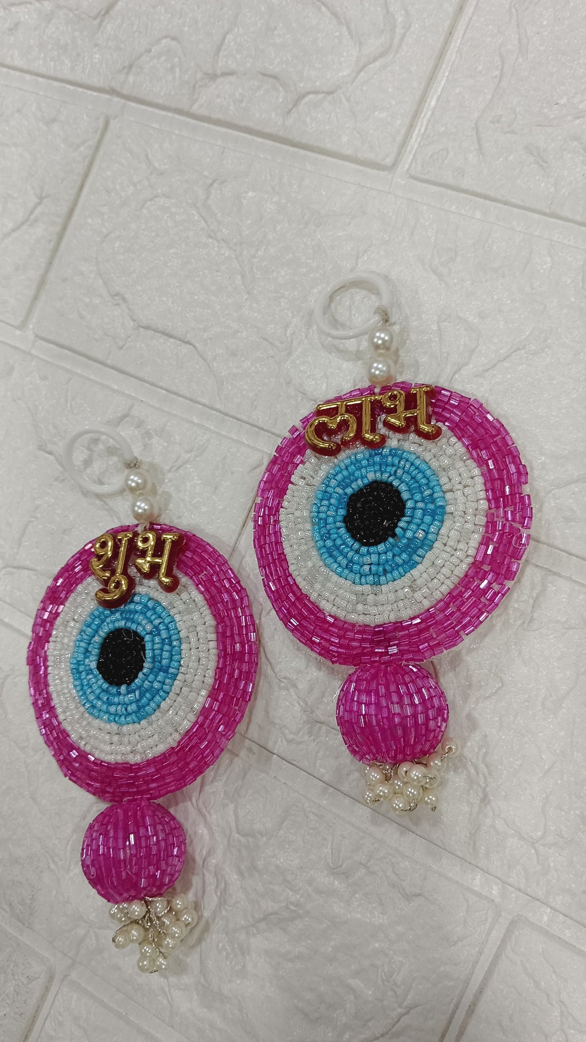 Nutts Handmade Evil Eye Hanging | Traditional Decorative Moti Chudi Florel Evil Eye Hanging for Main Door (Pack of 2 (Pink))