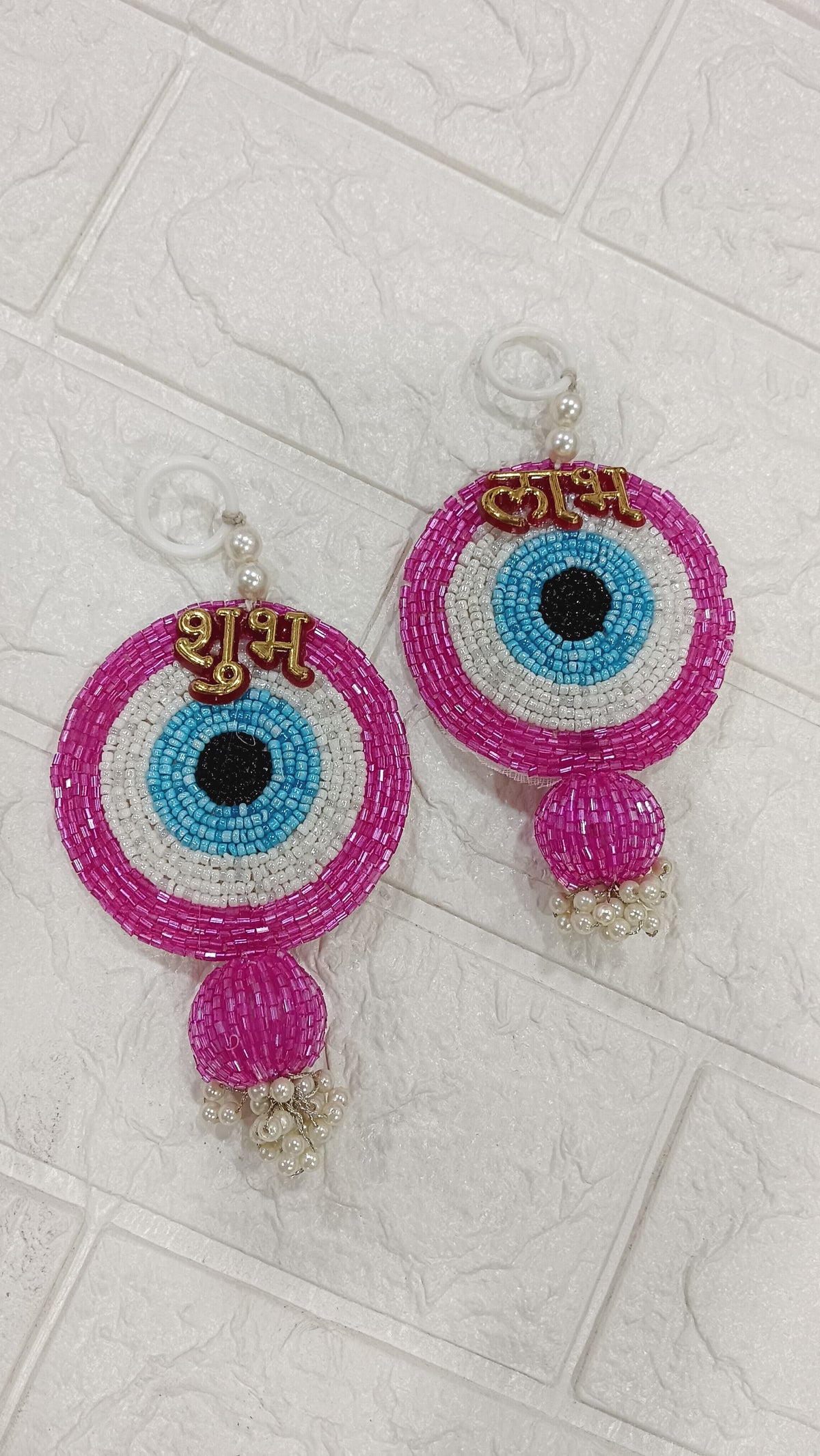 Nutts Handmade Evil Eye Hanging | Traditional Decorative Moti Chudi Florel Evil Eye Hanging for Main Door (Pack of 2 (Pink))
