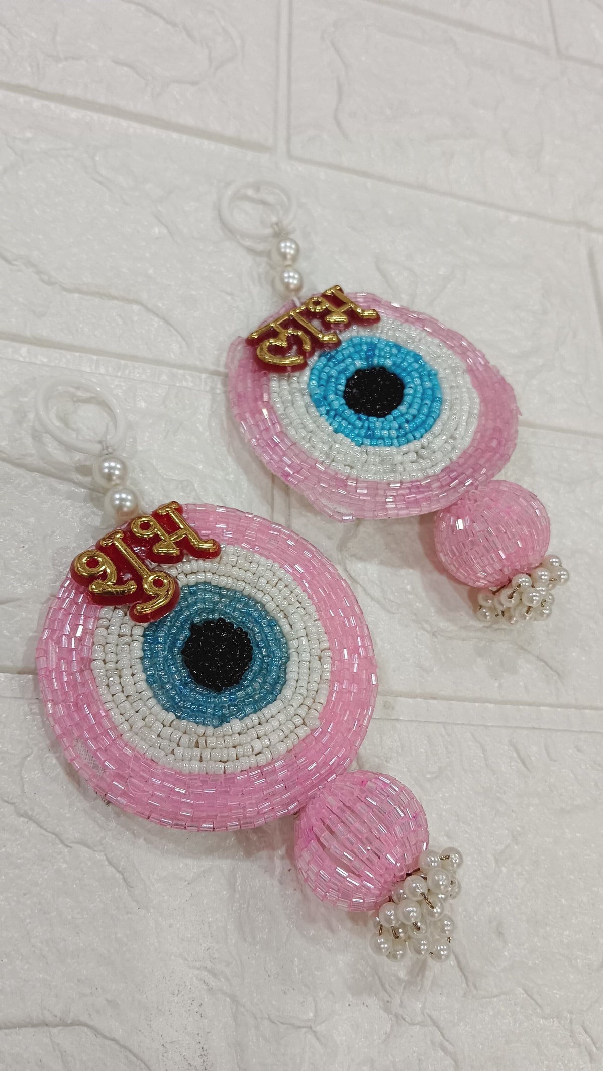 Nutts Handmade Evil Eye Hanging | Traditional Decorative Moti Chudi Florel Evil Eye Hanging for Main Door (Pack of 2 (Light Pink))