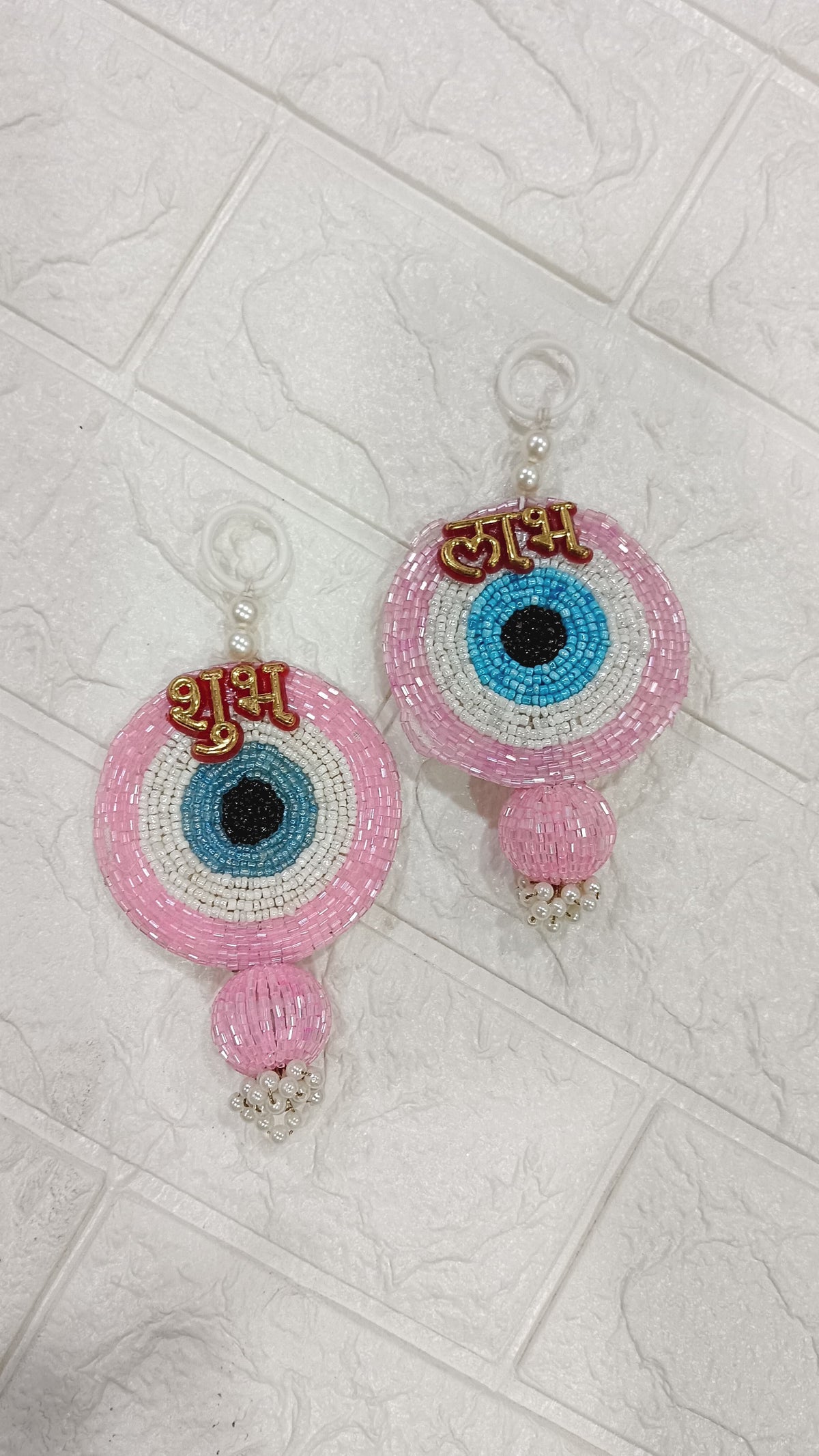 Nutts Handmade Evil Eye Hanging | Traditional Decorative Moti Chudi Florel Evil Eye Hanging for Main Door (Pack of 2 (Light Pink))