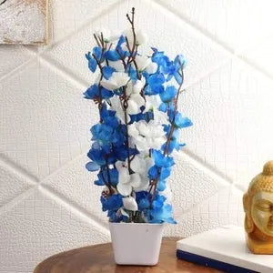 White & Blue Artificial Cherry Blossom Bonsai Plant with Plastic Pot Bonsai Artificial Plant with Pot (Pack of 2)