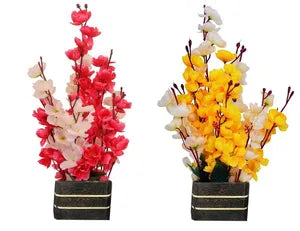 Red & White Artificial Cherry Blossom Bonsai Plant with Plastic Pot Bonsai Artificial Plant with Pot (Pack of 1)
