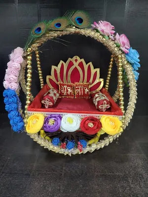 Jhula for Laddu Gopal - Janmashtami Jhula - Handmade Decorative Jhula Mini Rose Mor Pankh Jhula for Kanha Ji
