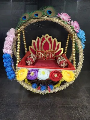 Jhula for Laddu Gopal - Janmashtami Jhula - Handmade Decorative Jhula Mini Rose Mor Pankh Jhula for Kanha Ji