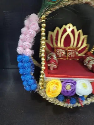 Jhula for Laddu Gopal - Janmashtami Jhula - Handmade Decorative Jhula Mini Rose Mor Pankh Jhula for Kanha Ji