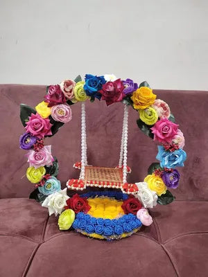 Jhula for Laddu Gopal - Janmashtami Jhula - Handmade Decorative Jhula Artificial Flower Rose Jhula for Kanha Ji