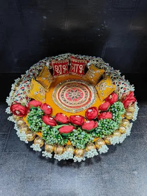 Handmade Beautiful Singhasan with Peony Pollens Gota Balls Latkans Shubh labh Pillows Singhasan for Idols Home Decor, Festive Decor, Diwali Deccorations