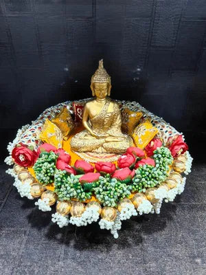 Handmade Beautiful Singhasan with Peony Pollens Gota Balls Latkans Shubh labh Pillows Singhasan for Idols Home Decor, Festive Decor, Diwali Deccorations