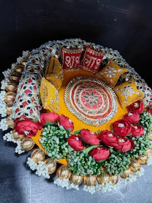 Handmade Beautiful Singhasan with Peony Pollens Gota Balls Latkans Shubh labh Pillows Singhasan for Idols Home Decor, Festive Decor, Diwali Deccorations