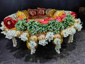 Handmade Beautiful Singhasan with Peony Pollens Gota Balls Latkans Shubh labh Pillows Singhasan for Idols Home Decor, Festive Decor, Diwali Deccorations
