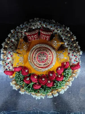 Handmade Beautiful Singhasan with Peony Pollens Gota Balls Latkans Shubh labh Pillows Singhasan for Idols Home Decor, Festive Decor, Diwali Deccorations