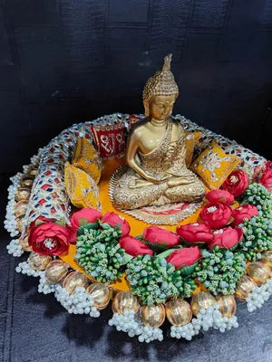 Handmade Beautiful Singhasan with Peony Pollens Gota Balls Latkans Shubh labh Pillows Singhasan for Idols Home Decor, Festive Decor, Diwali Deccorations