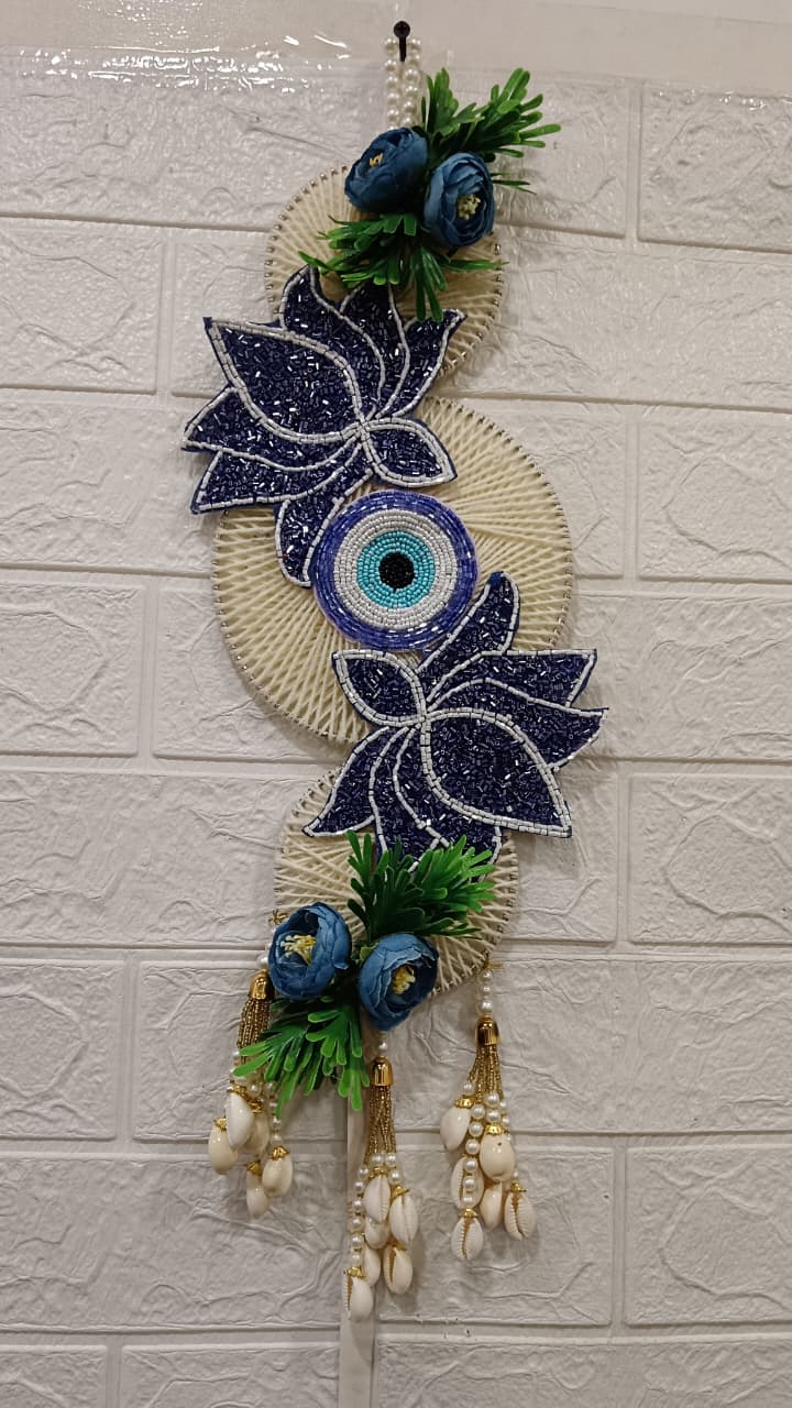 Nutts Handmade Blue Beads Floral Evil Eye Wall Hanging Decorative Door Hanging Home Decor Toran for Entrance Living Room Bedroom Pooja Room (Set of 1)