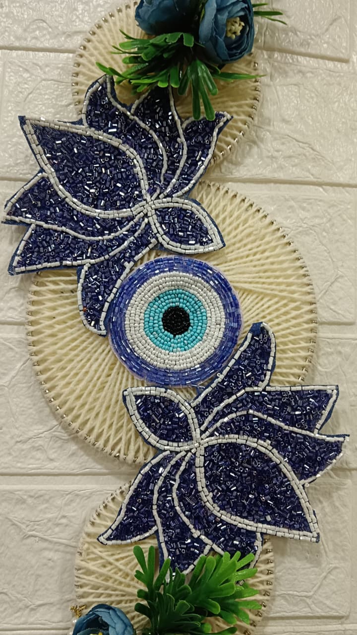 Nutts Handmade Blue Beads Floral Evil Eye Wall Hanging Decorative Door Hanging Home Decor Toran for Entrance Living Room Bedroom Pooja Room (Set of 1)