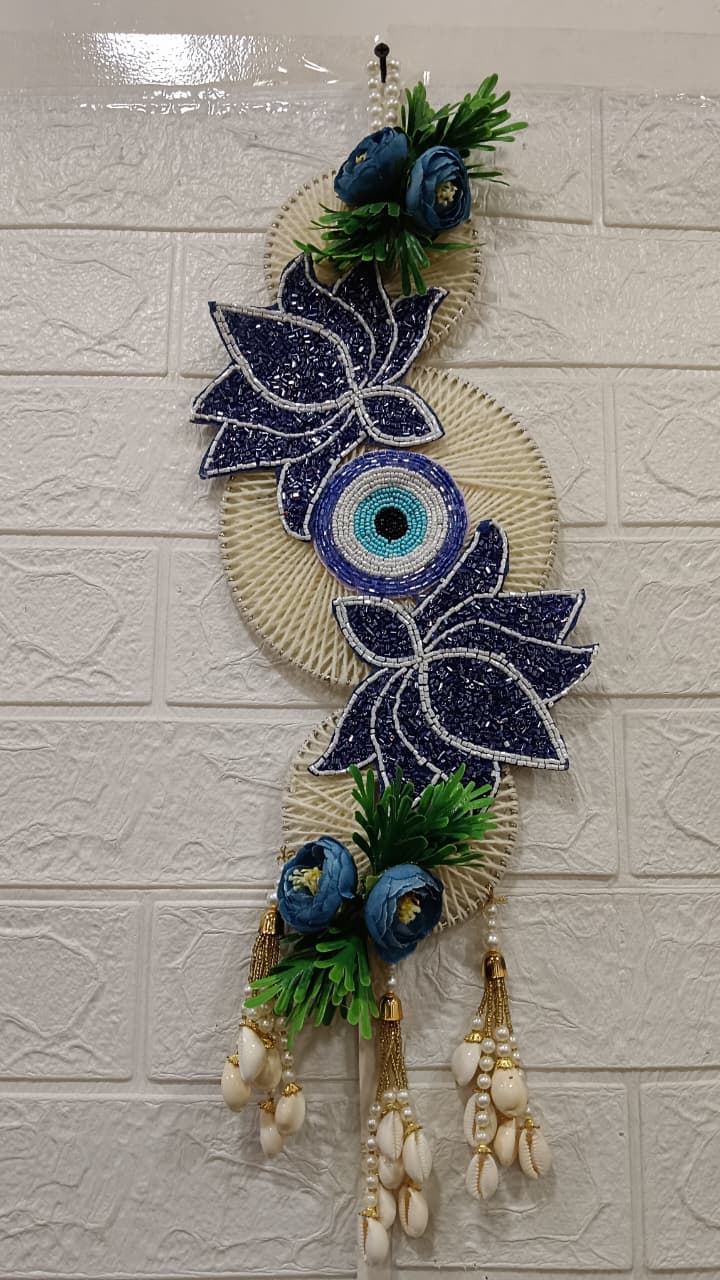 Nutts Handmade Blue Beads Floral Evil Eye Wall Hanging Decorative Door Hanging Home Decor Toran for Entrance Living Room Bedroom Pooja Room (Set of 1)