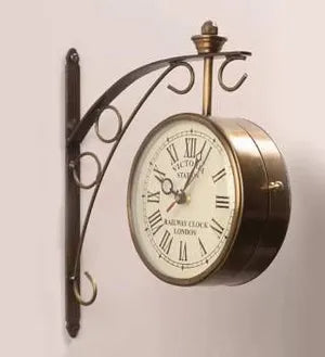 Metal Analog Double Sided Vintage Station Wall Clock (Brass White)