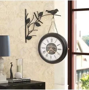 Metal Vintage Double Side Hanging Bird Wall Clock 8 inch (Bird Cafe)