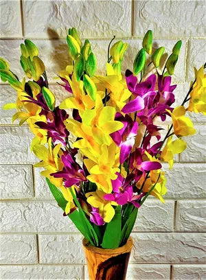 Yellow & Purple Artificial Orchid Flower Bunch Sticks Without Pot ( and ) - 10 pieces