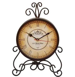 Brown Analog Metal Circular Table Clock Antique Clock with Stand for Home, Office (6 Inch)
