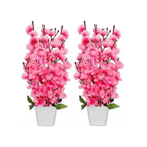 Pink Artificial Cherry Blossom Bonsai Plant with Plastic Pot Bonsai Artificial Plant with Pot (Pack of 2)